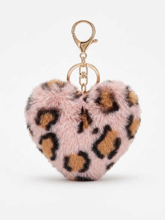 Accessories - Faux Fur Heart Keychain in Pink Leopard